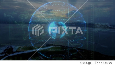 Floating holographic globe hovering above dark ocean at dusk, with dotted rings and world map grids Floating holographic globe hovering above dark ocean at dusk, with dotted rings and world map grids 135623059