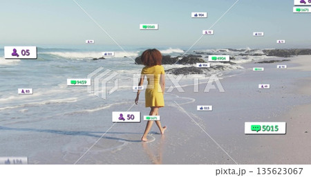 Woman wearing yellow dress walking barefoot on beach shoreline, with floating social media icons Woman wearing yellow dress walking barefoot on beach shoreline, with floating social media icons 135623067