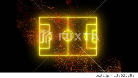 Glowing neon soccer pitch graphic floating in dark digital void, with red-orange particle effects Glowing neon soccer pitch graphic floating in dark digital void, with red-orange particle effects 135623298