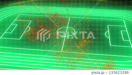Displaying neon green soccer pitch outlines in digital field with track lanes and particle clusters 135623299