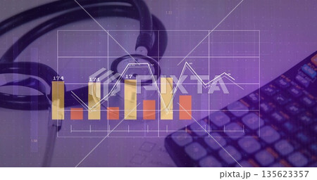Displaying stethoscope chestpiece lying on white desk, with calculator and chart and graph overlays 135623357