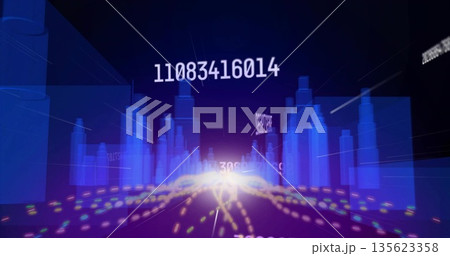 Racing code '11083416014' streaming toward horizon in digital cityscape, with bar graphs and trails Racing code '11083416014' streaming toward horizon in digital cityscape, with bar graphs and trails 135623358