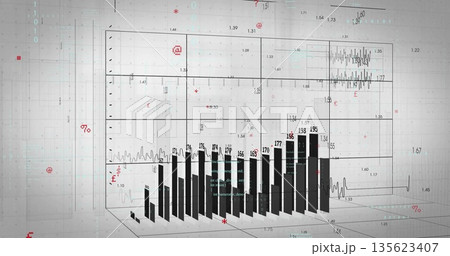 Displaying vertical black bars forming 3D chart on light grid, with labels, symbols and overlays Displaying vertical black bars forming 3D chart on light grid, with labels, symbols and overlays 135623407