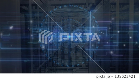 Rotating holographic circular interface showing data flows in data center with racks and cables 135623421