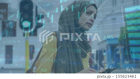 Standing woman in hijab holding smartphone at crossing traffic light, displaying financial overlay Standing woman in hijab holding smartphone at crossing traffic light, displaying financial overlay 135623461