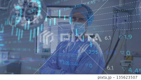 Displaying mature surgeon wearing protective gear in operating suite, with financial chart overlay 135623507