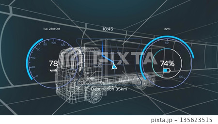 Rendering wireframe truck model moving in grid space, with gauges, navigation and info overlays 135623515