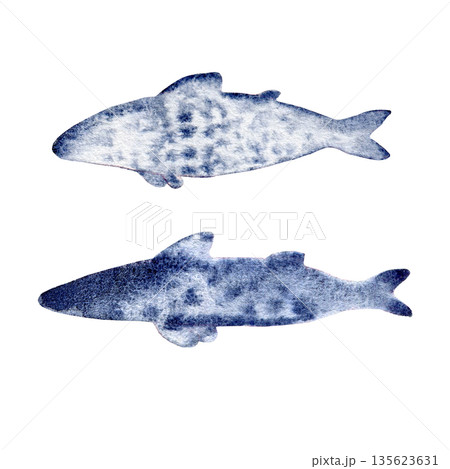 fish blue indigo with spots. Hand drawn with watercolor with texture. for fish restaurant design fish blue indigo with spots. Hand drawn with watercolor with texture. for fish restaurant design 135623631