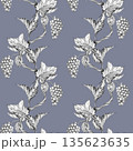 Grapevine branch with leaves and berries. Seamless pattern, Hand drawn with pencil on a lilac background 135623635