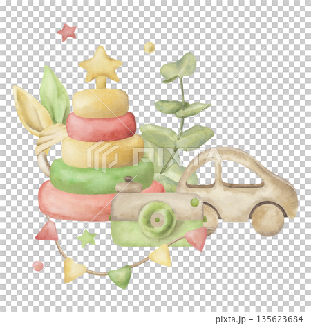 Watercolor nursery illustration with baby toys: pastel stacking rings pyramid with star, wooden toy car, retro camera, leaves and garland. Soft artwork hand-drawn, boho style, gender neutral, cute Watercolor nursery illustration with baby toys: pastel stacking rings pyramid with star, wooden toy car, retro camera, leaves and garland. Soft artwork hand-drawn, boho style, gender neutral, cute 135623684