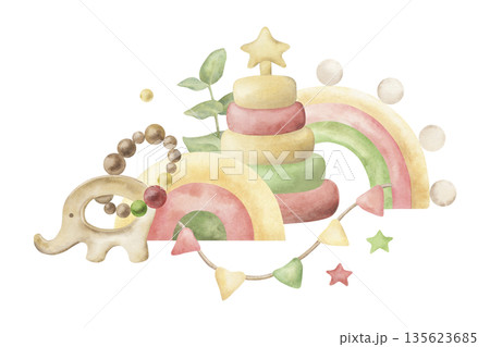 Watercolor nursery illustration with cute baby toys: pastel elephant, stacking rings pyramid, rainbow arches, beads and stars. Soft hand-painted boho kids decor, gender neutral, minimal, whimsical Watercolor nursery illustration with cute baby toys: pastel elephant, stacking rings pyramid, rainbow arches, beads and stars. Soft hand-painted boho kids decor, gender neutral, minimal, whimsical 135623685