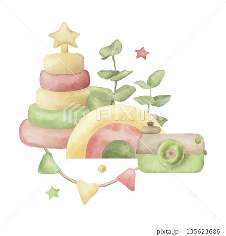Rainbow, pyramid, retro camera, eucalyptus, flags, stars. The illustration with wooden eco-friendly baby toys is hand-drawn with watercolors in soft, pastel shades. For children's party, packaging Rainbow, pyramid, retro camera, eucalyptus, flags, stars. The illustration with wooden eco-friendly baby toys is hand-drawn with watercolors in soft, pastel shades. For children's party, packaging 135623686