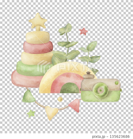 Rainbow, pyramid, retro camera, eucalyptus, flags, stars. The illustration with wooden eco-friendly baby toys is hand-drawn with watercolors in soft, pastel shades. For children's party, packaging Rainbow, pyramid, retro camera, eucalyptus, flags, stars. The illustration with wooden eco-friendly baby toys is hand-drawn with watercolors in soft, pastel shades. For children's party, packaging 135623686