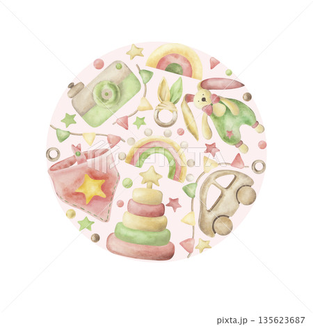 Composition of children's toys in a circle. Pyramid, bib, rainbow, high school camera, teether, flags, stars, beads are hand-drawn in watercolor. Wooden, textile eco toys for babies. In pastel colors 135623687