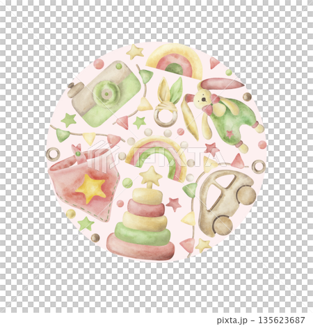 Composition of children's toys in a circle. Pyramid, bib, rainbow, high school camera, teether, flags, stars, beads are hand-drawn in watercolor. Wooden, textile eco toys for babies. In pastel colors 135623687