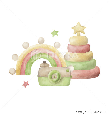 Wooden eco-friendly baby toys in boho style: pyramid, retro camera, rainbow, stars. The watercolor illustration is hand-drawn in warm, pastel colors. Soft, delicate design, for children's packaging Wooden eco-friendly baby toys in boho style: pyramid, retro camera, rainbow, stars. The watercolor illustration is hand-drawn in warm, pastel colors. Soft, delicate design, for children's packaging 135623689