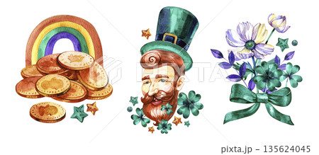 Comprehensive St. Patrick's Day watercolor clipart set with leprechaun head, green top hat, shamrocks, pot of gold, rainbow, and green beer. Hand-painted festive Irish elements. Comprehensive St. Patrick's Day watercolor clipart set with leprechaun head, green top hat, shamrocks, pot of gold, rainbow, and green beer. Hand-painted festive Irish elements. 135624045