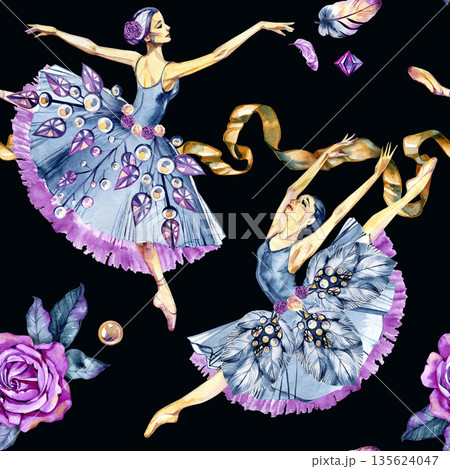 Graceful watercolor seamless pattern with classical ballerinas dancing in expressive poses. Light flowing skirts and elegant movement create a refined design ideal for fashion prints, decor Graceful watercolor seamless pattern with classical ballerinas dancing in expressive poses. Light flowing skirts and elegant movement create a refined design ideal for fashion prints, decor 135624047