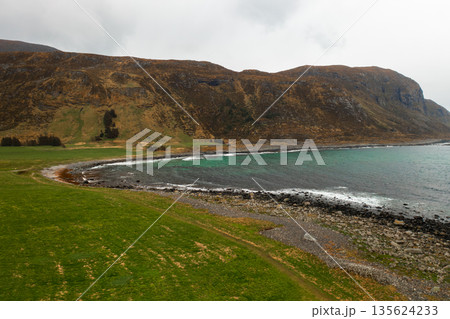 Peaceful coastal scenery in Norway showing sea, mountains, and natural shoreline. 135624233