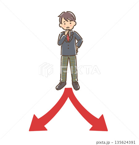 分かれ道の前で考えている制服姿の男の子 135624391