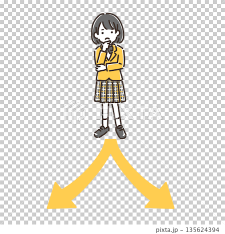 A girl in a uniform thinking at a crossroads / Simple color 135624394