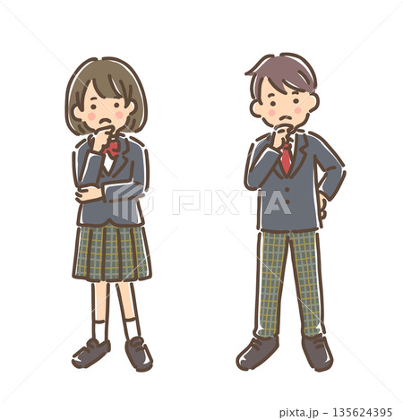 考え事をしながら顎に手を当てている制服姿の女の子と男の子／セット 135624395