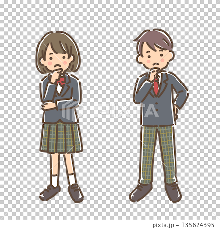Set of a girl and boy in uniform with their hands on their chins while thinking 135624395