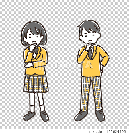 穿著制服的男孩女孩雙手托腮思考 / 簡約配色 / 套裝 135624396