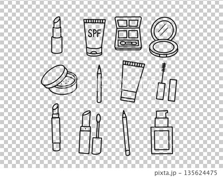 メイク用品イラストセット|口紅・日焼け止め・アイシャドウなど|モノクロ メイク用品イラストセット|口紅・日焼け止め・アイシャドウなど|モノクロ 135624475