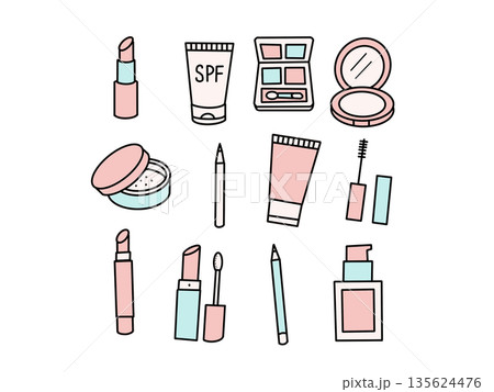 メイク用品イラストセット｜口紅・日焼け止め・アイシャドウなど｜パステルカラー 135624476