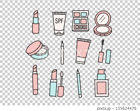 メイク用品イラストセット｜口紅・日焼け止め・アイシャドウなど｜パステルカラー 135624476