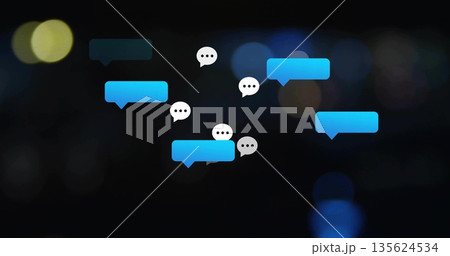 Floating blue-grey chat bubbles showing three-dot indicators over dark backdrop, with bokeh lights Floating blue-grey chat bubbles showing three-dot indicators over dark backdrop, with bokeh lights 135624534