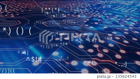 Displaying neon circuit traces with glowing nodes in virtual space, featuring floating code symbols 135624543