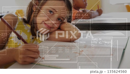 Writing girl student leaning on classroom desk, with pencils notebooks chairs data overlays Writing girl student leaning on classroom desk, with pencils notebooks chairs data overlays 135624560
