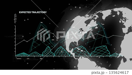 Displaying EXPECTED TRAJECTORY chart in dashboard with mesh peaks, dots, Americas map, copy space Displaying EXPECTED TRAJECTORY chart in dashboard with mesh peaks, dots, Americas map, copy space 135624617