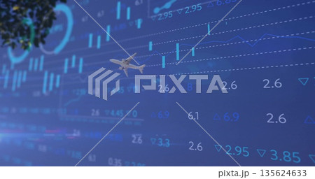 Flying commercial jet airliner crossing blue-toned screen, with candlestick bars  and  line graphs 135624633