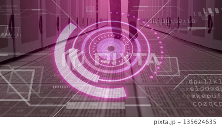 Walking technician in dark trousers navigating data center corridor with server racks, HUD overlay 135624635