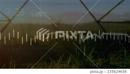 Displaying bars, line graph and number labels floating above grass blades at metal fence in field 135624636