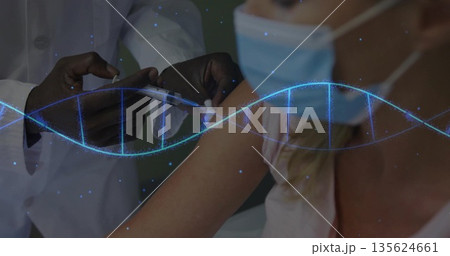 Doctor injecting vaccine into masked woman in clinic with syringe, swab, glowing double helix Doctor injecting vaccine into masked woman in clinic with syringe, swab, glowing double helix 135624661