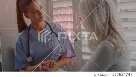 Holding patient hands, female nurse offering support at clinic, with stethoscope and blinds Holding patient hands, female nurse offering support at clinic, with stethoscope and blinds 135624747