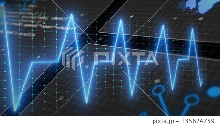 Displaying neon-blue ECG line running across gridlines with data nodes, map and circuit patterns Displaying neon-blue ECG line running across gridlines with data nodes, map and circuit patterns 135624759