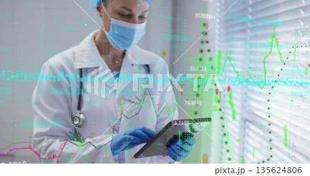 Reading doctor wearing lab coat PPE stethoscope using tablet by ward blinds, graphs, copy space Reading doctor wearing lab coat PPE stethoscope using tablet by ward blinds, graphs, copy space 135624806