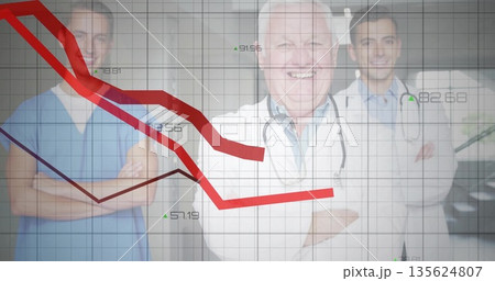 Displaying doctors in uniforms showing descending data in hospital with red line and stethoscope Displaying doctors in uniforms showing descending data in hospital with red line and stethoscope 135624807
