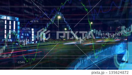 Displaying candlestick overlay spanning multi-lane night highway, with red and white light trails Displaying candlestick overlay spanning multi-lane night highway, with red and white light trails 135624872