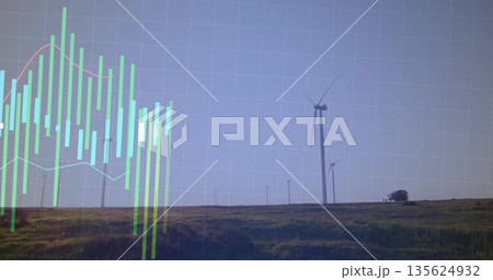 Displaying turbine spinning on rural field, with candlestick chart, moving average and grid overlay Displaying turbine spinning on rural field, with candlestick chart, moving average and grid overlay 135624932