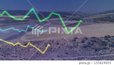 Projecting green, yellow, teal line graphs over arid desert plain, showing dirt track and shrubs Projecting green, yellow, teal line graphs over arid desert plain, showing dirt track and shrubs 135624935