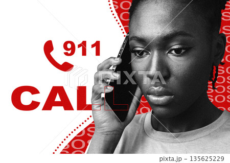 Woman calls emergency services for help during a serious situation in a bright background Woman calls emergency services for help during a serious situation in a bright background 135625229
