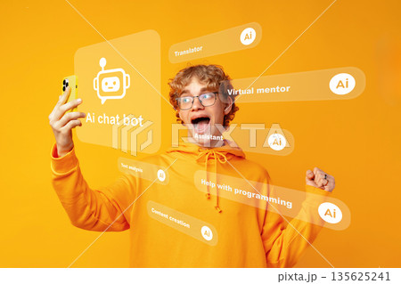 Young person uses smartphone to interact with AI chat bot in bright room 135625241