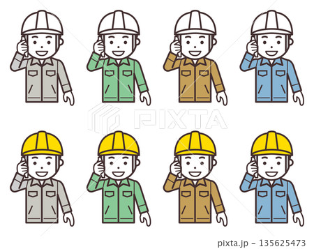 スマホで電話するヘルメットと作業服を着用した男性のアイコン 135625473