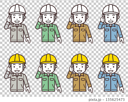 スマホで電話するヘルメットと作業服を着用した男性のアイコン 135625473